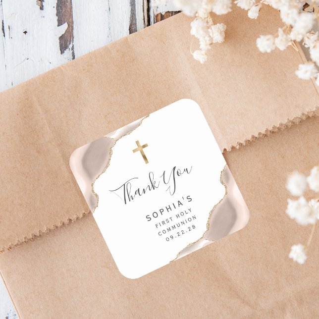 Adesivo Quadrado Ivory Dourado Agate Primeira Santa Comunhão Obriga (Criador carregado)