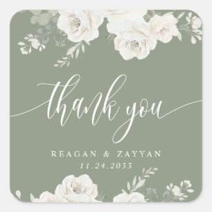 Adesivo Quadrado Ivory e Sage Elegante Floral Agradecimento de Casa