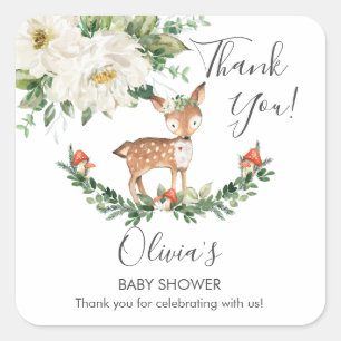 Adesivo Quadrado Ivory Floral Deer Fawn Chá de fraldas Aniversário