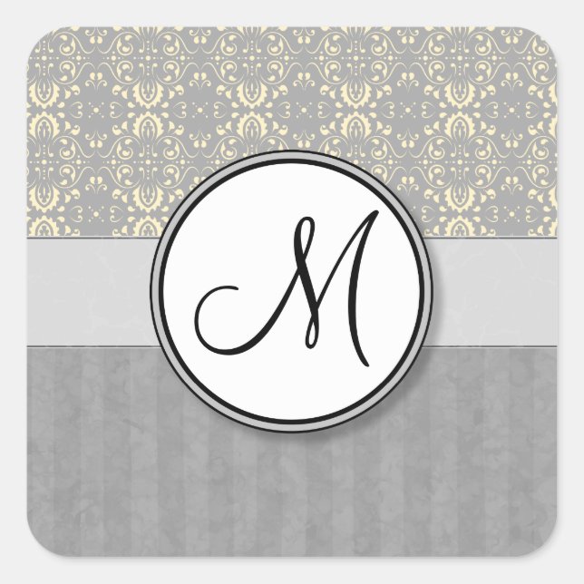 Adesivo Quadrado Ivory on Silver Damask and Stripes with Monogramas (Frente)