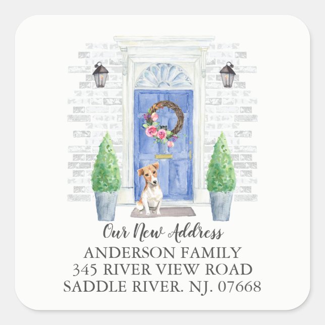 Adesivo Quadrado Jack Russell Blue Door New Address Label (Frente)