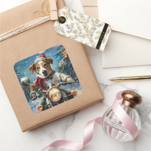 Adesivo Quadrado Jack Russell Cog Andando na Moto Natal