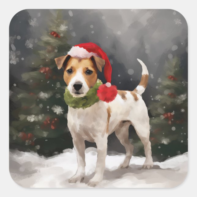 Adesivo Quadrado Jack Russell Dog no Natal da Neve (Frente)