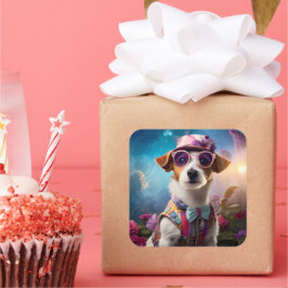 Adesivo Quadrado Jack Russell, óculos rosa e chapéu rosa