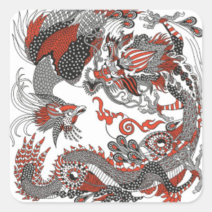 Adesivo Quadrado Jade Dragon e Dourada Phoenix brincando com uma pé