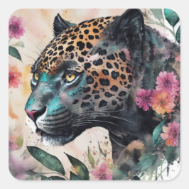 Adesivo Quadrado Jaguar Watercolor Arte Floral