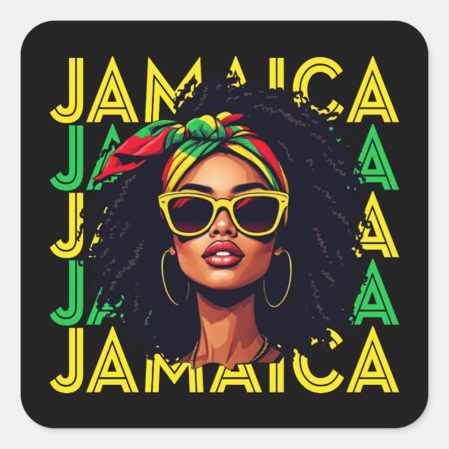 Adesivo Quadrado Jamaican Girl Flag, mulher jamaicana orgulhosa (Frente)