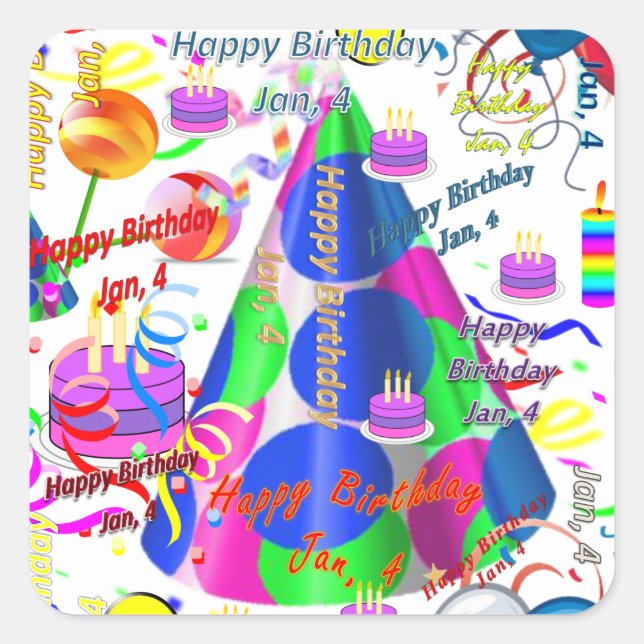 Adesivo Quadrado Janeiro, 4 Aniversários de criança (Frente)