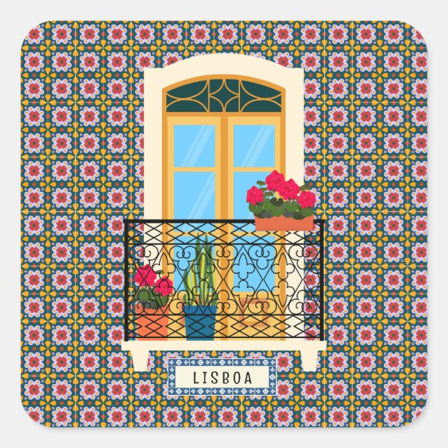 Adesivo Quadrado Janela da casa de Lisboa com plantas e azulejos (Frente)