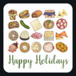 Adesivo Quadrado Janto Feliz Feriados da cozinha do Cozinhar Judeu<br><div class="desc">Design apresenta uma ilustração original de uma variedade de comidas populares na cozinha judaica, incluindo: babka, bagel com queijo creme e lox, rugelach, blintzes de mirtilo, hamantash, sanduíche de reuben, picle de dll kosher, matzah, tricô de espinafre, shakshuka, tudo bagel, macarrão de coco, israelense e, kugel, bourekas, bife brisket, lats...</div>