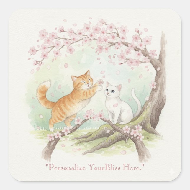 Adesivo Quadrado Japanese Sakura & Zen Cats Watercolor  (Frente)