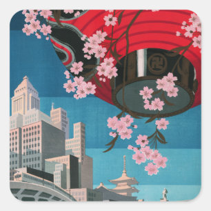 Adesivo Quadrado Japão Tóquio Vintage Cartaz de Viagem Japonês