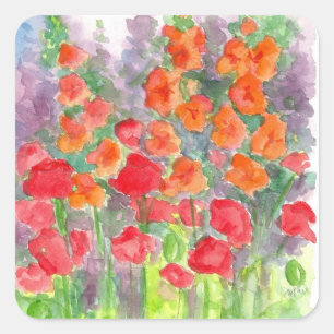 Adesivo Quadrado Jardim de Aquarela com Flor Gladiola Laranja