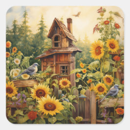 Adesivo Quadrado Jardim de Girassol 8 Casas de Aves Azuis
