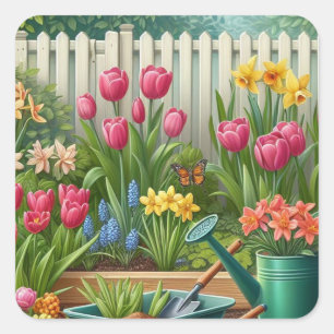 Adesivo Quadrado Jardim Floral de Tulipas Rosa