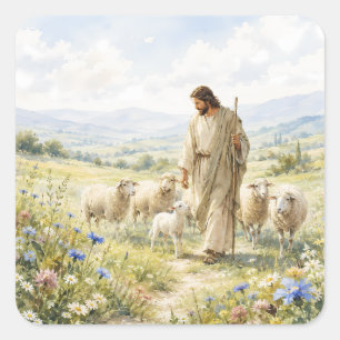 Adesivo Quadrado Jesus Bom Pastor Aquarela de Flores Silvestres