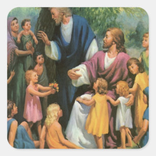 Adesivo Quadrado Jesus Cristo Abençoando Crianças, Religião Vintage