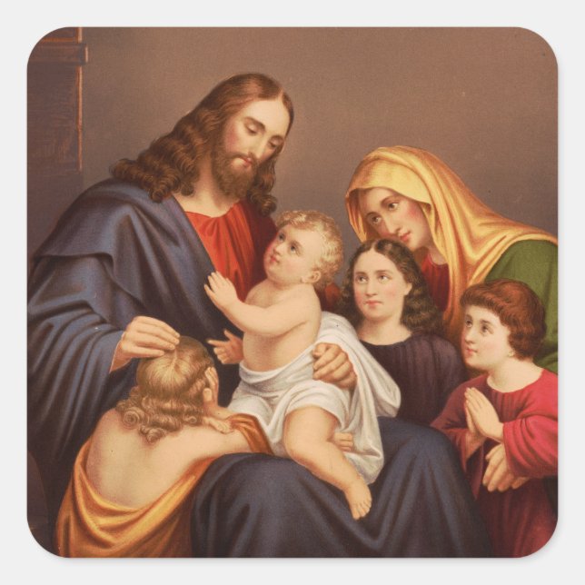 Adesivo Quadrado Jesus Cristo com Crianças Arte Fina Premium (Frente)