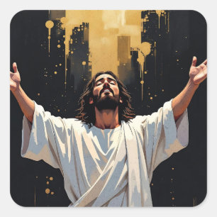Adesivo Quadrado Jesus Cristo Nosso Salvador Preto e Dourado em b