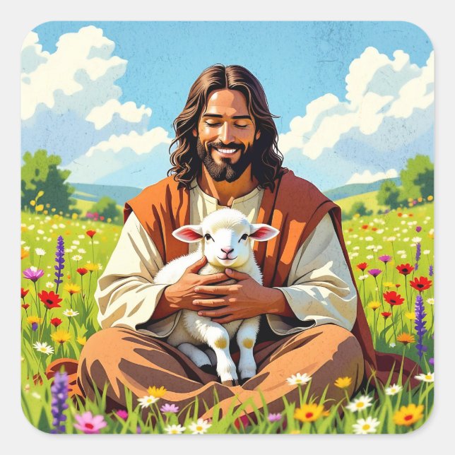 Adesivo Quadrado Jesus holding a Lamb | Religious Christian (Frente)