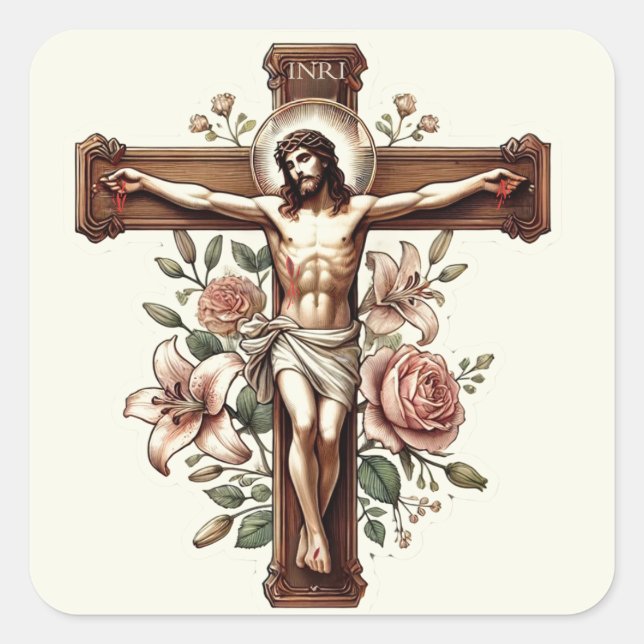 Adesivo Quadrado Jesus no Crucifixo com Rosas Religiosos (Frente)