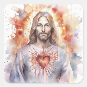 Adesivo Quadrado Jesus sagrado coração aquarela