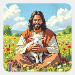 Adesivo Quadrado Jesus segurando um Cordeiro | Religioso Cristão