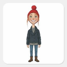 Adesivo Quadrado Jeune Fille Rousse Souriante avec Bonnet Rouge et 