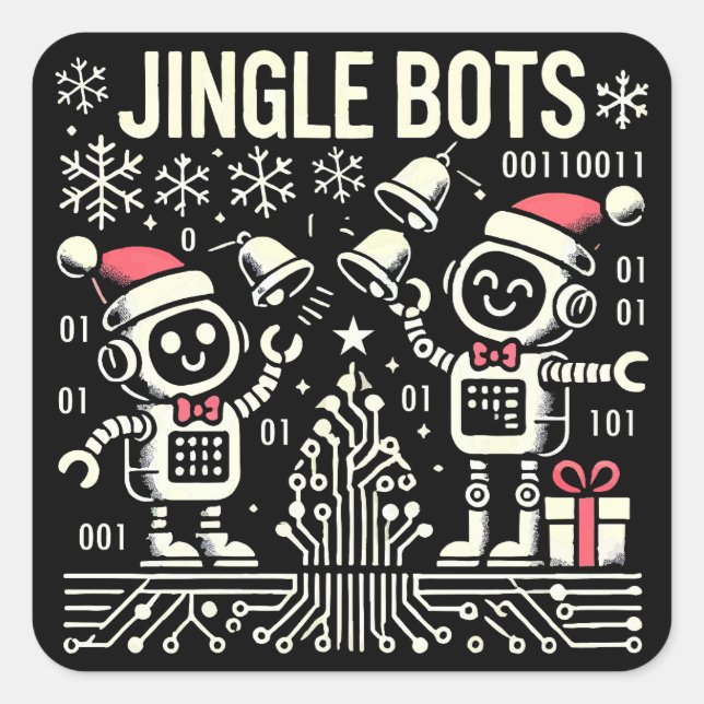 Adesivo Quadrado Jingle Bots Festivos Holiday Robots com Santa Hats (Frente)