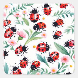 Adesivo Quadrado Joaninhas fofas e padrão de flores branco