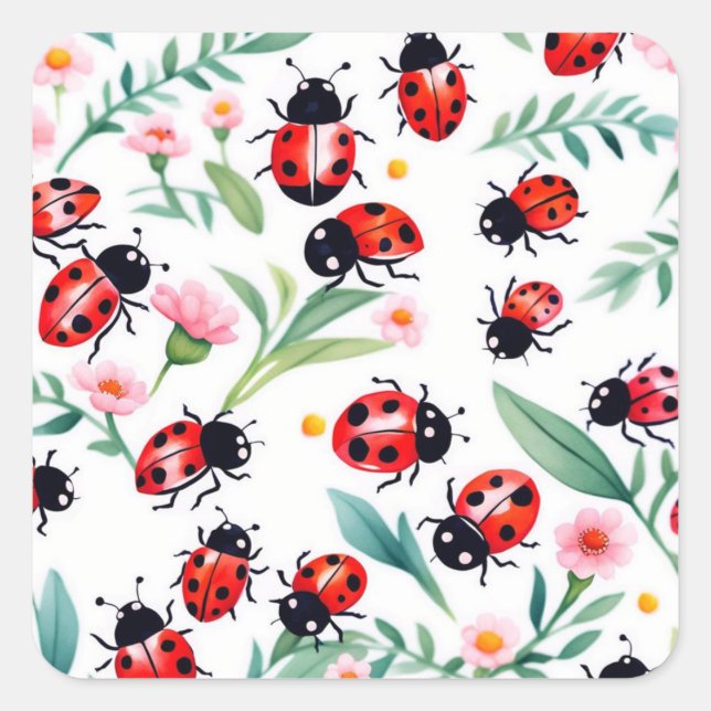 Adesivo Quadrado Joaninhas fofas e padrão de flores branco (Frente)