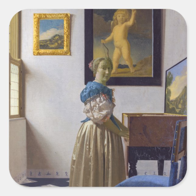 Adesivo Quadrado Johannes Vermeer - Dama de pé em uma Virgínia (Frente)