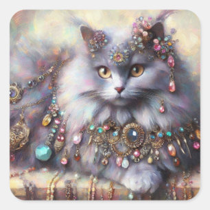 Adesivo Quadrado Joias de Gatinho de Gato de Cabelo Longo, Nebelung