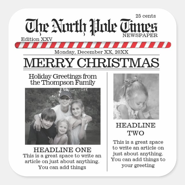 Adesivo Quadrado Jornal Natal do Polo Norte Feriado (Frente)
