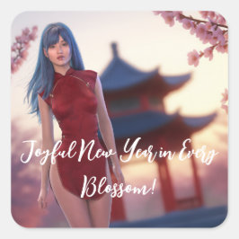 Adesivo Quadrado Jovem Cheongsam Bela Posicionando para Ano Novo Ch