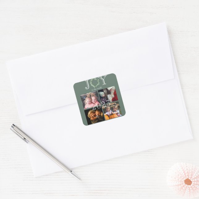 Adesivo Quadrado Joy to the World 4 Photos Year Personalizado (Envelope)