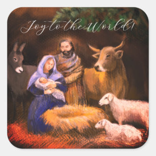 Adesivo Quadrado Joy to the world, cena da natividade, cartão de na