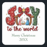 Adesivo Quadrado Joy to the World Felry Christmas Manger Scene<br><div class="desc">Esta é a nossa Joy para a cena do World Manger. Personalize-o com o ano e o texto.</div>