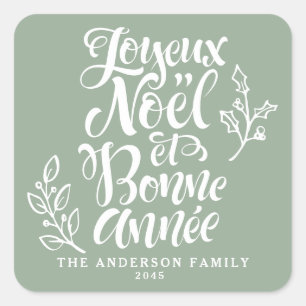Adesivo Quadrado Joyeux Noël et Bonne Année Holiday Sage Green