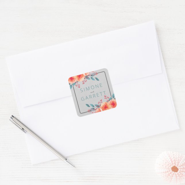 Adesivo Quadrado Joyful Floral Orange e Teal Bright Weding (Envelope)