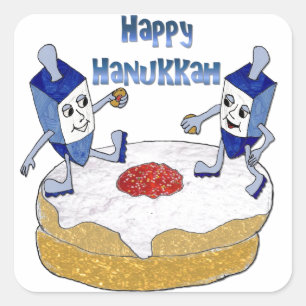 Adesivo Quadrado Judaica Feliz Hanukkah Dreidels Dançantes Donut