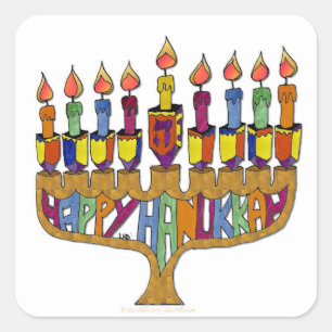 Adesivo Quadrado Judaica Feliz Hanukkah Pião Menorá