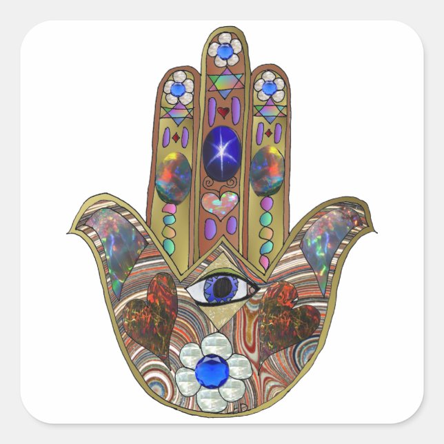 Adesivo Quadrado Judaica Hamsa Hearts Flowers Opal Art Impressão (Frente)