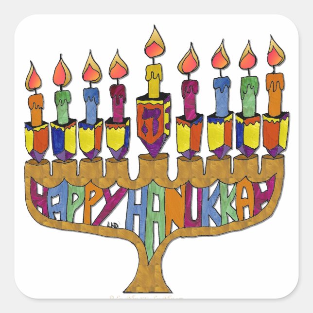 Adesivo Quadrado Judaica Happy Hanukkah Dreidel Menorah (Frente)