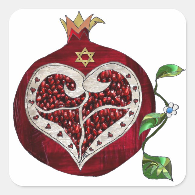 Adesivo Quadrado Judaica Pomegranate Heart Hanukkah Rosh Hashanah (Frente)