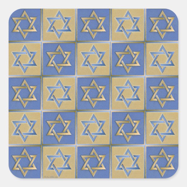 Adesivo Quadrado Judaica Star De David Metal Dourado Azul (Frente)