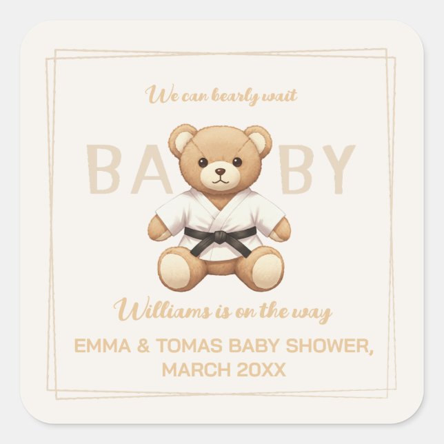 Adesivo Quadrado Judo Black Belt Bear Baby Shower Collection  (Frente)