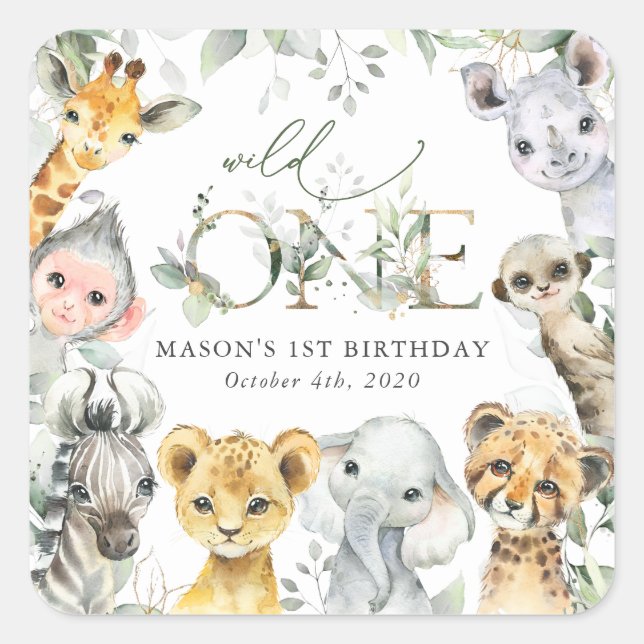 Adesivo Quadrado Jungle Animals, Safari, Wild One, First Birthday (Frente)