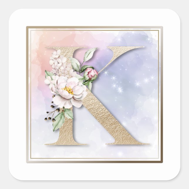 Adesivo Quadrado K Monograma Burgundy Floral Square Sticker (Frente)