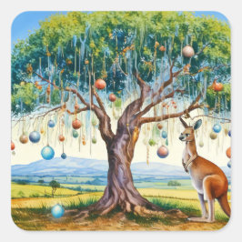 Adesivo Quadrado Kangaroo debaixo de uma árvore de natal